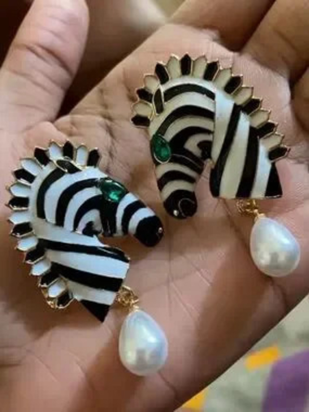 Anthropologie Zebra Enamel Drop Earrings with Pearl Accent